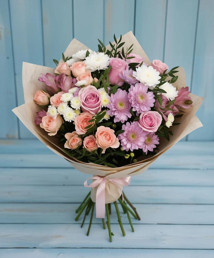 Букет цветов из: Хризантемы, Розы и Альстромерии в Усть-Абакане