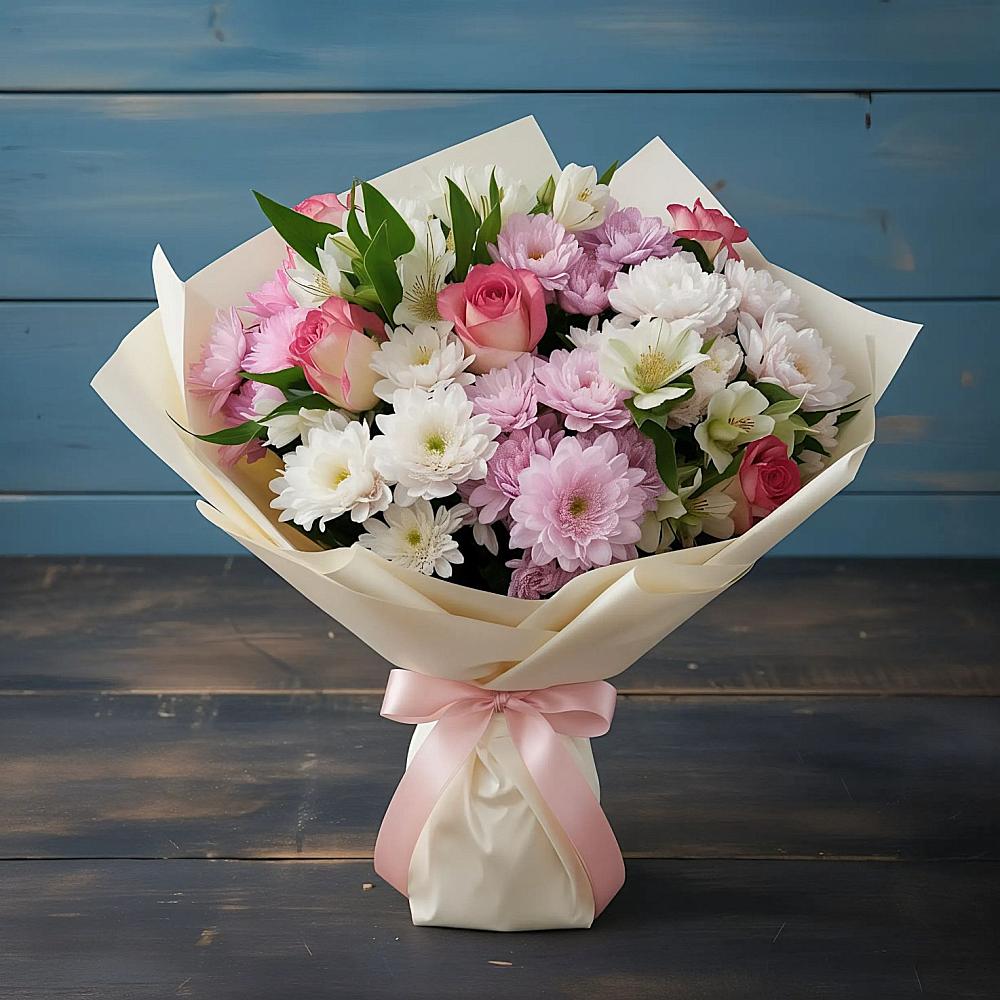 Букет цветов из: Хризантемы, Альстромерии и Розы в Усть-Абакане